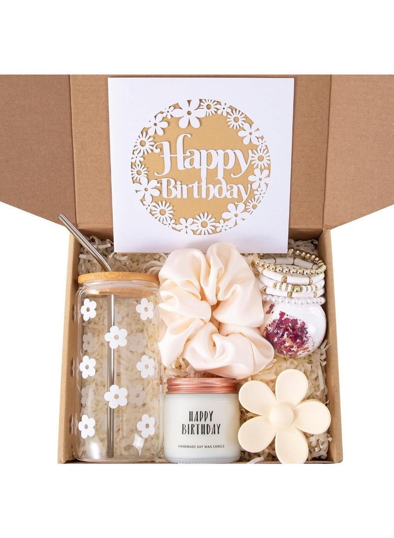 JAYATO Set of gift items for ladies, women, girls - birthday celebration creative festival gift - 16oz caffee glass cup with happy birthday candle, paper cut, flower hair clip, silk scrunchie, bath bomb, set of clay beaded bracelet gift box - Image 1