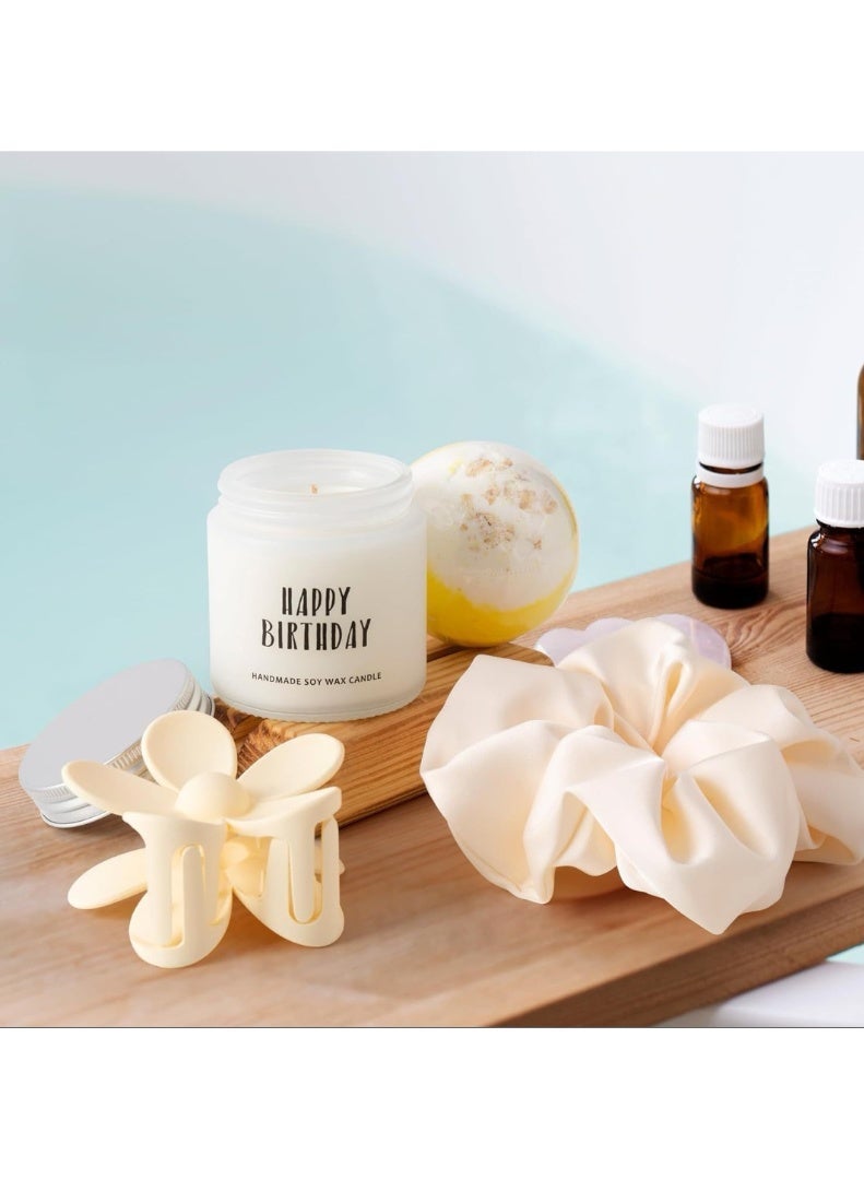 JAYATO Set of gift items for ladies, women, girls - birthday celebration creative festival gift - 16oz caffee glass cup with happy birthday candle, paper cut, flower hair clip, silk scrunchie, bath bomb, set of clay beaded bracelet gift box - Image 4