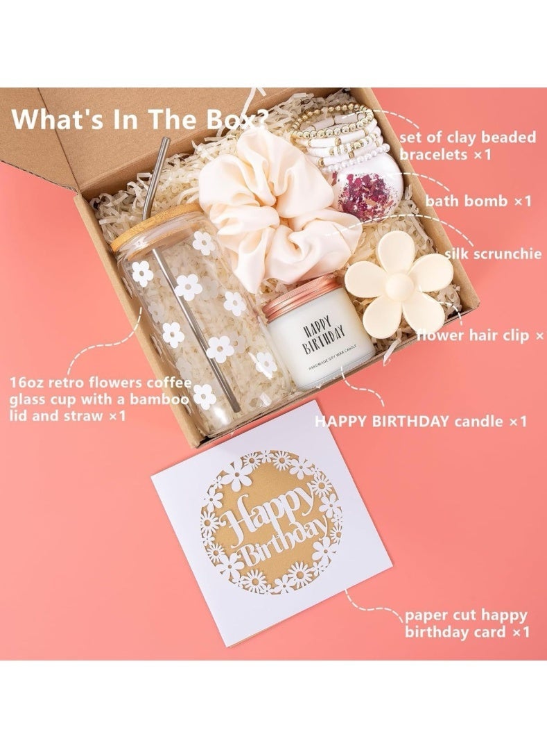 JAYATO Set of gift items for ladies, women, girls - birthday celebration creative festival gift - 16oz caffee glass cup with happy birthday candle, paper cut, flower hair clip, silk scrunchie, bath bomb, set of clay beaded bracelet gift box - Image 2