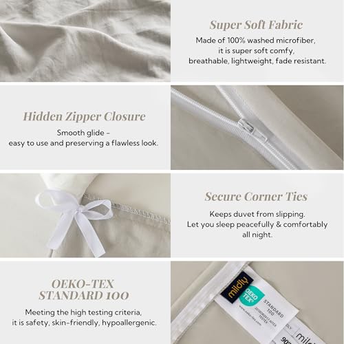 MILDLY Super Soft Duvet Cover - 100% Washed Microfiber Linen Grey Comforter Cover Set 3 Pieces with Zipper Closure & Corner Ties (No Comforter) - Image 5