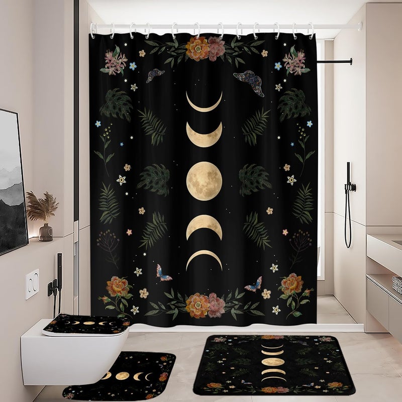 Coxila Moon Shower Curtain Set Black Halloween Space Star Galaxy Gothic Goth Witchy Spooky Celestial Toilet Lid Cover U Shaped Bath Mat 4 Pcs Decor Bathroom Non-Slip Rug Fabric Polyester 60x72 Inch - Image 2