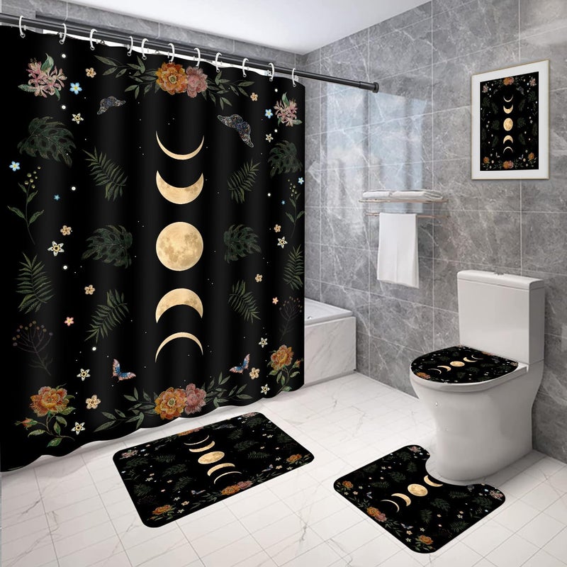 Coxila Moon Shower Curtain Set Black Halloween Space Star Galaxy Gothic Goth Witchy Spooky Celestial Toilet Lid Cover U Shaped Bath Mat 4 Pcs Decor Bathroom Non-Slip Rug Fabric Polyester 60x72 Inch - Image 1