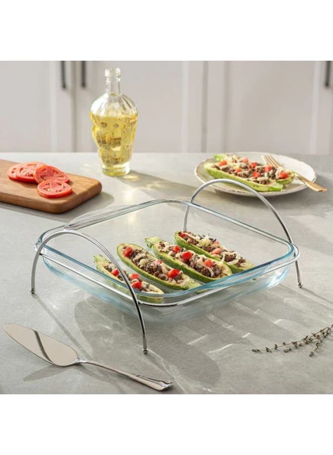 Borcam Square Food Warmer with Handles - 3.2 Lit - Silver Plated Metal & Tempered Glass