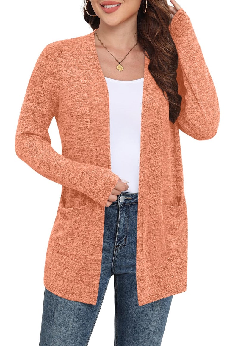 Yincro Womens Lightweight Cardigan Long Sleeve Open Front Casual Sweater Cardigans with Pockets (Orange, XL) - Image 3