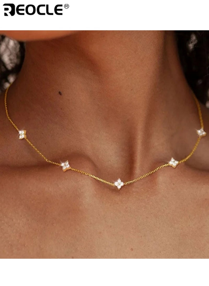 REOCLE Women's Delicate Four-Point Star Choker Necklace Slim Chain with Scattered Sparkle Accents for Minimalist Elegant Styling - Image 1