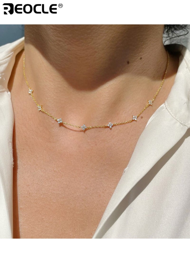 REOCLE Women's Delicate Four-Point Star Choker Necklace Slim Chain with Scattered Sparkle Accents for Minimalist Elegant Styling - Image 2