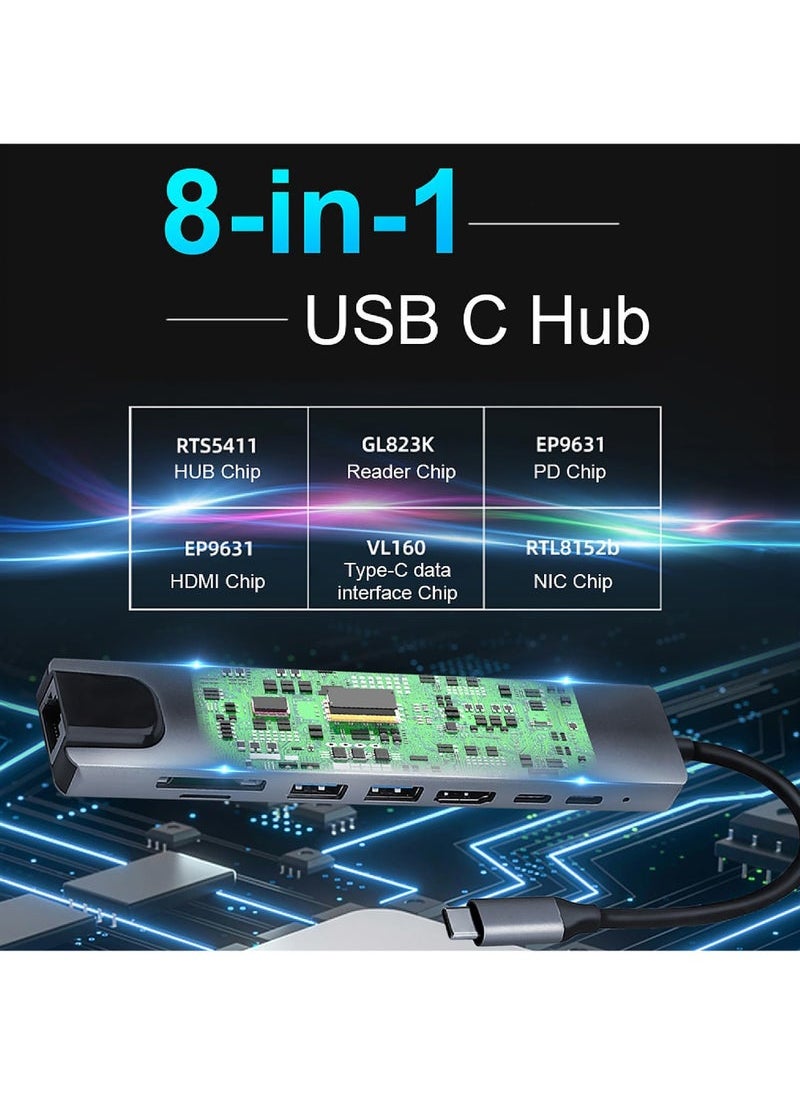 Captaintech USB C Hub Ethernet HDMI 4K Adapter 8-in-1 Multiport Dock USB-C to RJ45 Ethernet USB 3.0 SD/TF Card Reader 87W PD Charging Port Dongle Compatible with MacBook Pro/Air and Type C Windows Laptop  - Image 4
