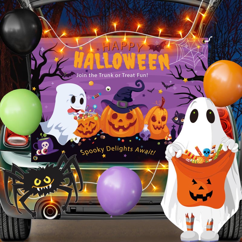Halloween Trunk or Treat Car Decorations Kit for Suv 36Pcs Happy Halloween Car Decorations with Lighted Backdrop Cute Ghost Spider Cutouts Balloons for Archway Garage Haloween Party Decor