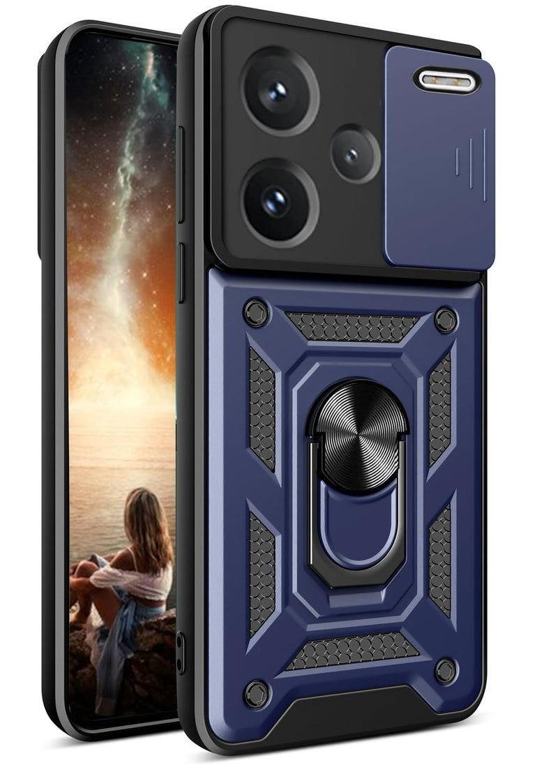 Generic Xiaomi Redmi Note 13 Pro Plus 5G Blue Mobile Phone Case Cover, Slide Camera Lens Cover + 360°Rotating Kickstand Ring + Bumper Shockproof Phone Case 