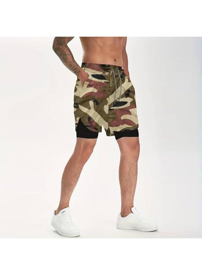 VITION Gym Shorts for Men, Men's Activewear Running Shorts,Drawstring Gym Shorts Men, 2 Layer Loose Athletic Shorts with 4 Pockets (Large, Camouflage Khaki) - Image 2
