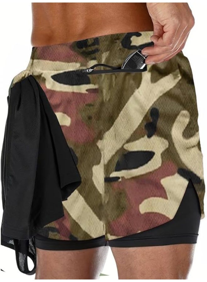 VITION Gym Shorts for Men, Men's Activewear Running Shorts,Drawstring Gym Shorts Men, 2 Layer Loose Athletic Shorts with 4 Pockets (Large, Camouflage Khaki) - Image 3