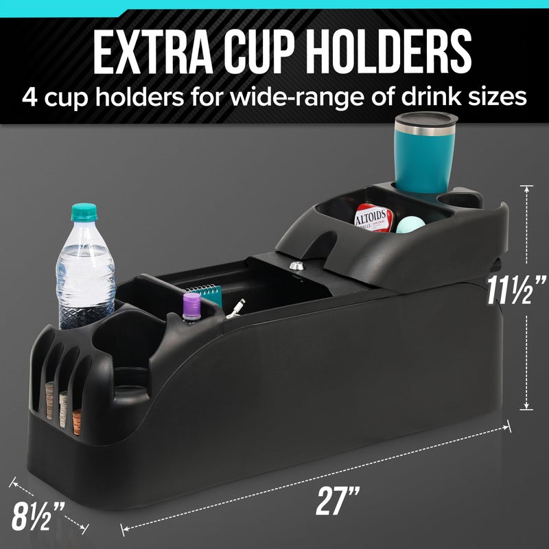 Moblorg Center Console for Minivans, SUVs, Middle Van Console, Extra Cup Holders, Large Storage, 27"L x 11.5"W x 8.5"H,Made in USA (Black) - Image 3