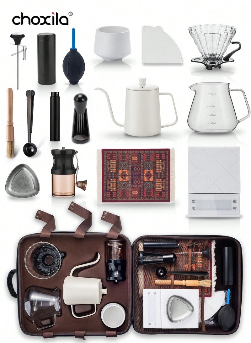 choxila 16pcs/set V60 Coffee Set with Travel Box, Size 02 Drip Coffee Kits, Pour Over Coffee Maker Set, Party   Holiday Festival Gifts, Portable Coffee Camping Set, Travel Coffee Accessories Tools, Included 600ml Large   Coffee Kettle, Thermometer, 600ml Glass Coffee Pot with V02 Dripper, Ceramic Coffee Cup, Coffee Filter   Paper, Manual Coffee Grinder, Coffee Scale, Coffee Spoon, Coffee Canister, Spray Bottle, Coffee Beans Tray,   Coffee Mat, Cleaning Brush and Air Blower, Coffee Stirrer Tool - Image 1