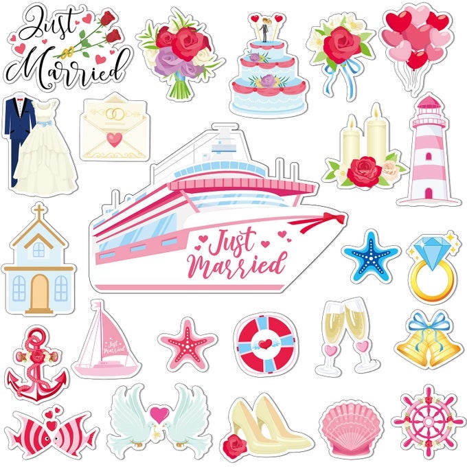 24 PCS JUST MARRIED CAR DOOR DECORATIONS WEDDING CRUISE MAGNETS MAGNETIC ANCHOR CRUISE SHIP FRIDGE MAGNET DECAL FOR HONEYMOON ANNIVERSARY CABIN DOOR STATEROOM CAR