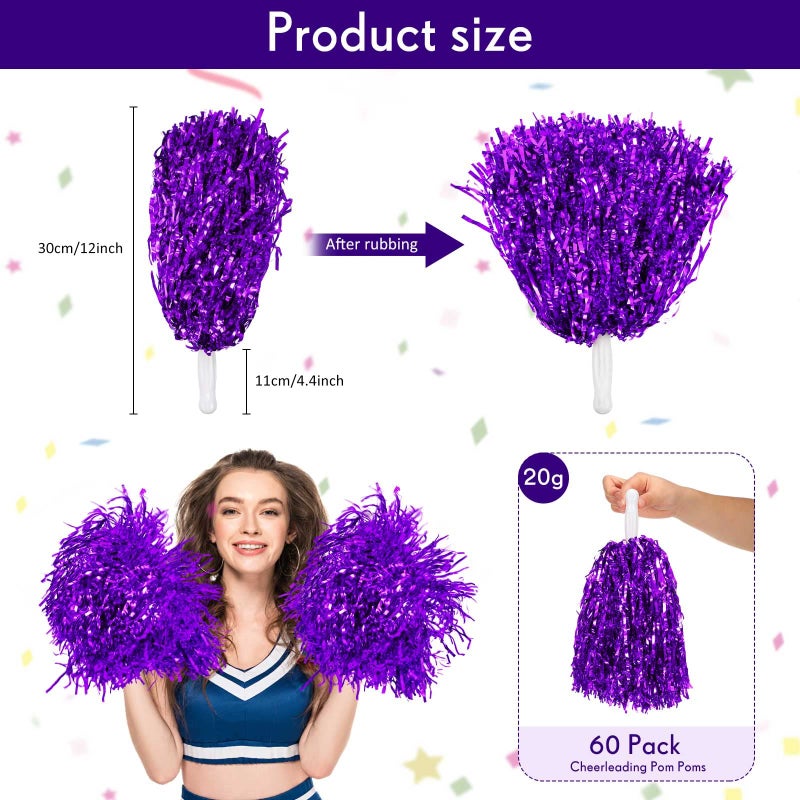 جيريفي 60 قطعة من كرات التشجيع من رقائق معدنية معدنية من كرات التشجيع مع مقبض بلاستيكي إكسسوار أزياء التشجيع لكرة القدم وكرة السلة وفريق التشجيع وروح الرقص والأداء الرياضي (أرجواني) - Image 4