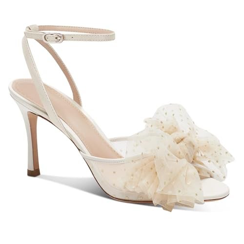 Coutgo Womens Bow Tie Heels Sandals Slingback Peep Toe Wedding Heels Mesh High Stiletto Heel Summer Cute Wedding Bridal Shoes Beige - Image 1