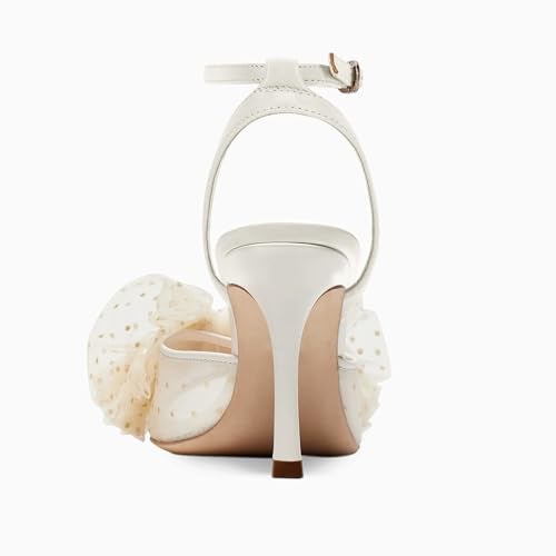 Coutgo Womens Bow Tie Heels Sandals Slingback Peep Toe Wedding Heels Mesh High Stiletto Heel Summer Cute Wedding Bridal Shoes Beige - Image 5