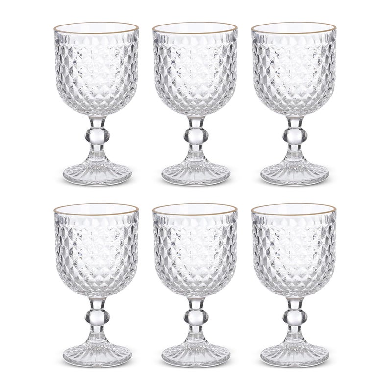 Goblet set, 6 pieces,Medium Size, Diamond design, High quality Glass - Tranparent with Golden Rim - Image 2