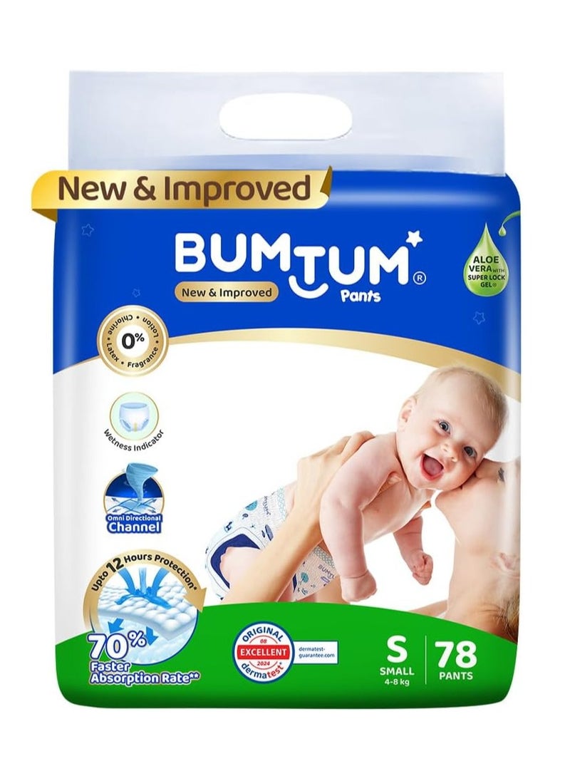 Bumtum Bumtum Baby Diaper Pants, S (Size 2), 4-8 kg, Double Layer Leakage Protection Infused With Aloe Vera, Cottony Soft High Absorb Technology, 78 Diaper 
