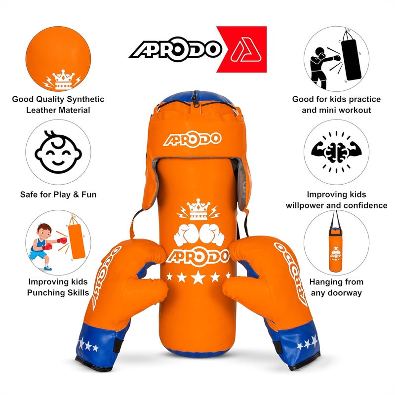 Aprodo Pack of 4 Kids Boxing Kit Set | Punching Bag for Karate | Bounce-Back Martial Arts Bag for Boys & Girls for Age 3 4 5 6 7 8 Years to Relieve Energy and Build Skills (Orange Blue) - Image 2