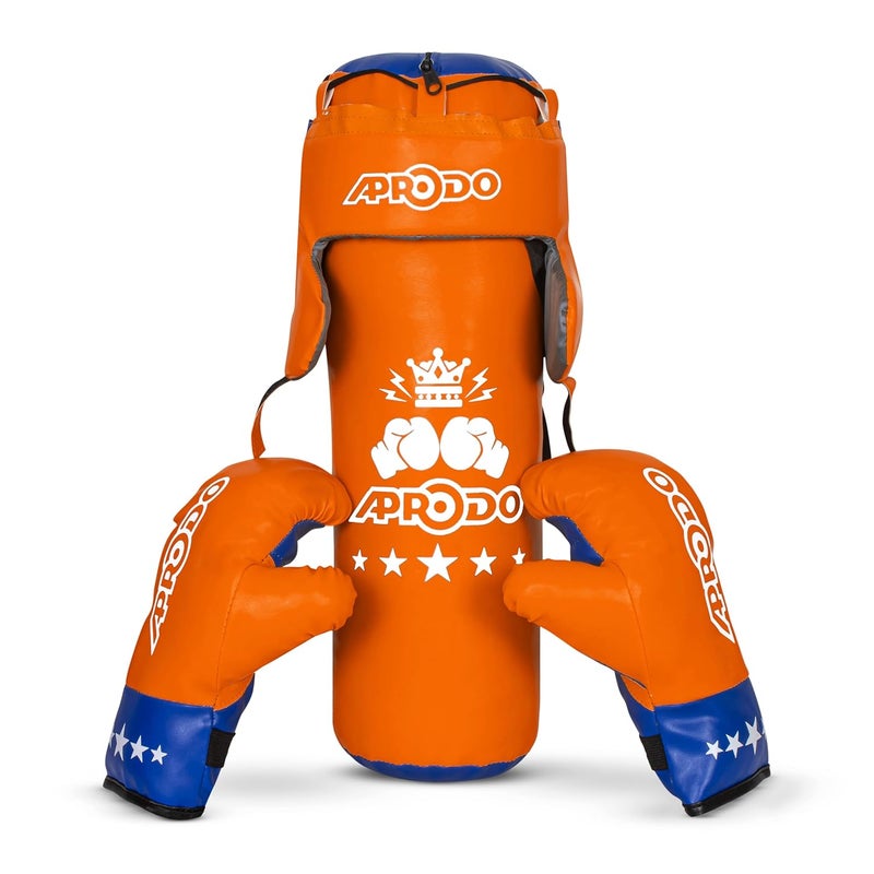 Aprodo Pack of 4 Kids Boxing Kit Set | Punching Bag for Karate | Bounce-Back Martial Arts Bag for Boys & Girls for Age 3 4 5 6 7 8 Years to Relieve Energy and Build Skills (Orange Blue) - Image 1