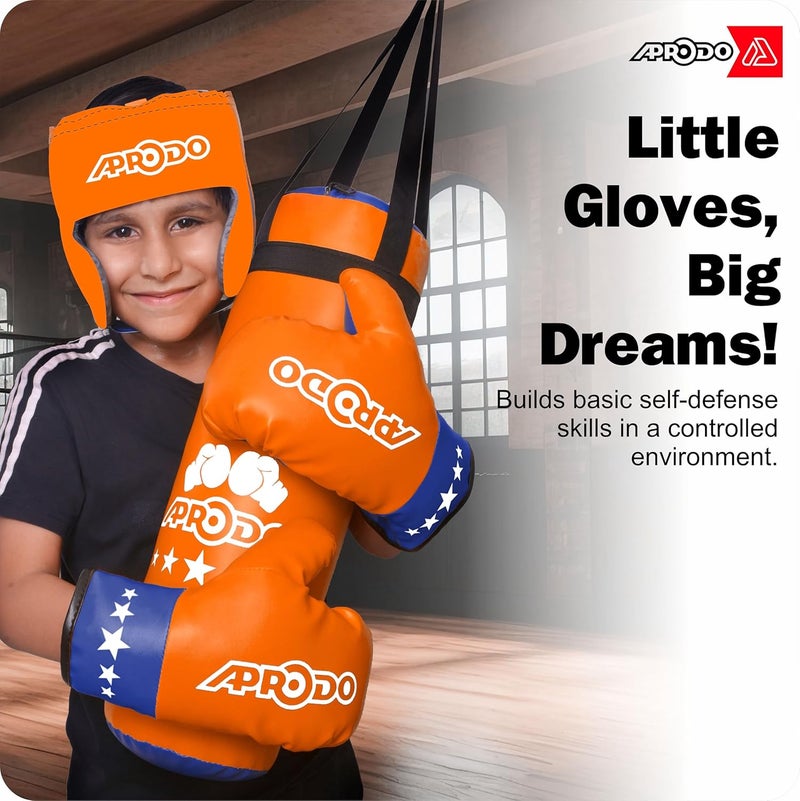 Aprodo Pack of 4 Kids Boxing Kit Set | Punching Bag for Karate | Bounce-Back Martial Arts Bag for Boys & Girls for Age 3 4 5 6 7 8 Years to Relieve Energy and Build Skills (Orange Blue) - Image 4