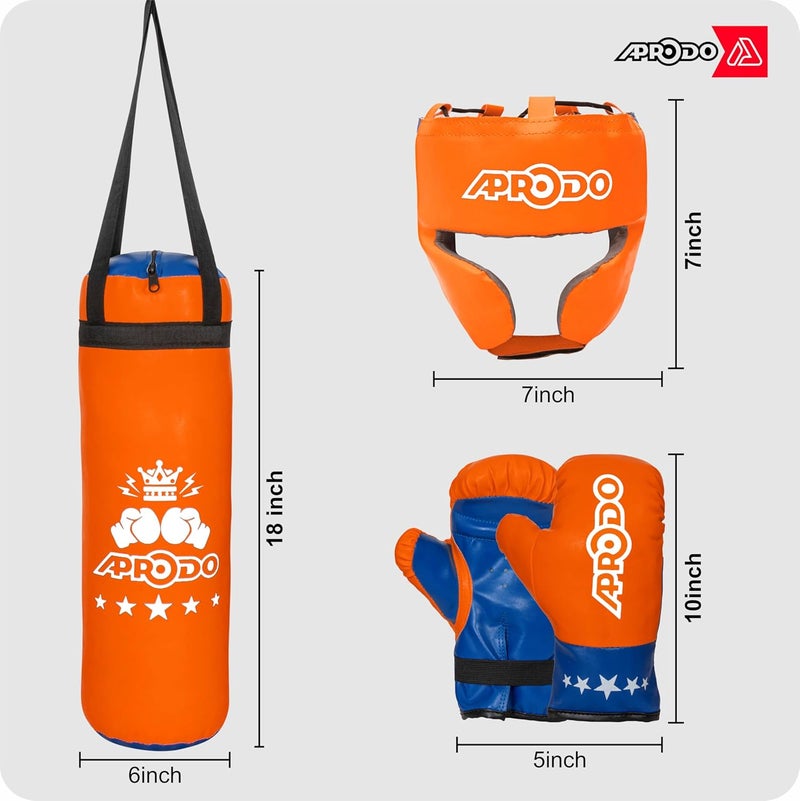 Aprodo Pack of 4 Kids Boxing Kit Set | Punching Bag for Karate | Bounce-Back Martial Arts Bag for Boys & Girls for Age 3 4 5 6 7 8 Years to Relieve Energy and Build Skills (Orange Blue) - Image 3