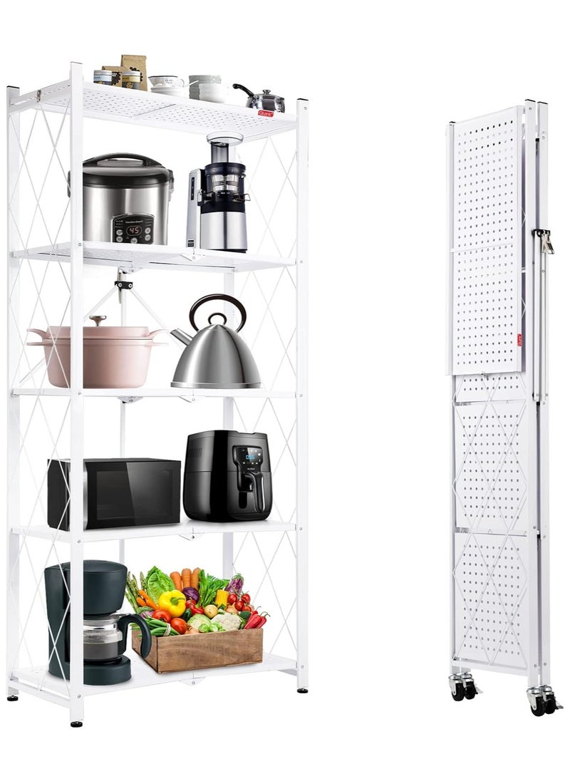 Apexll 5 Tier Thickened Foldable Storage Shelves with Wheels,No Assembly,Large Capacity,Heavy-Duty Metal Shelving Unit Rolling Cart for Garage, Kitchen, Basement, Pantry(White, 5-Tier)  - Image 2