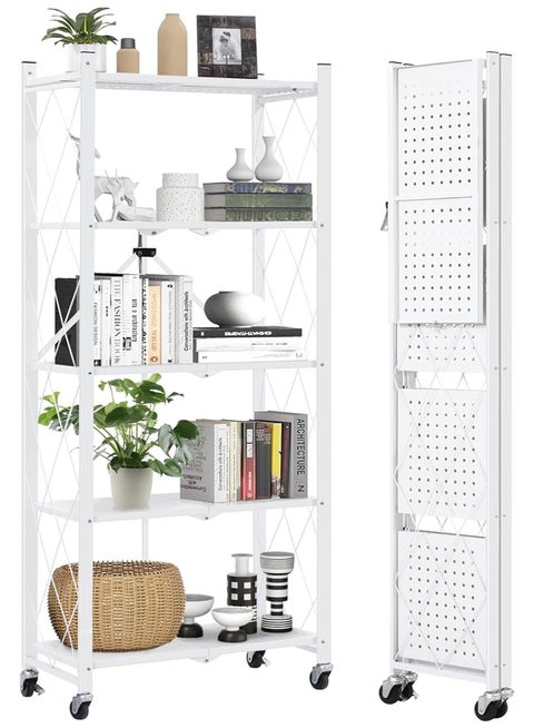 5 Tier Thickened Foldable Storage Shelves with Wheels,No Assembly,Large Capacity,Heavy-Duty Metal Shelving Unit Rolling Cart for Garage, Kitchen, Basement, Pantry(White, 5-Tier)