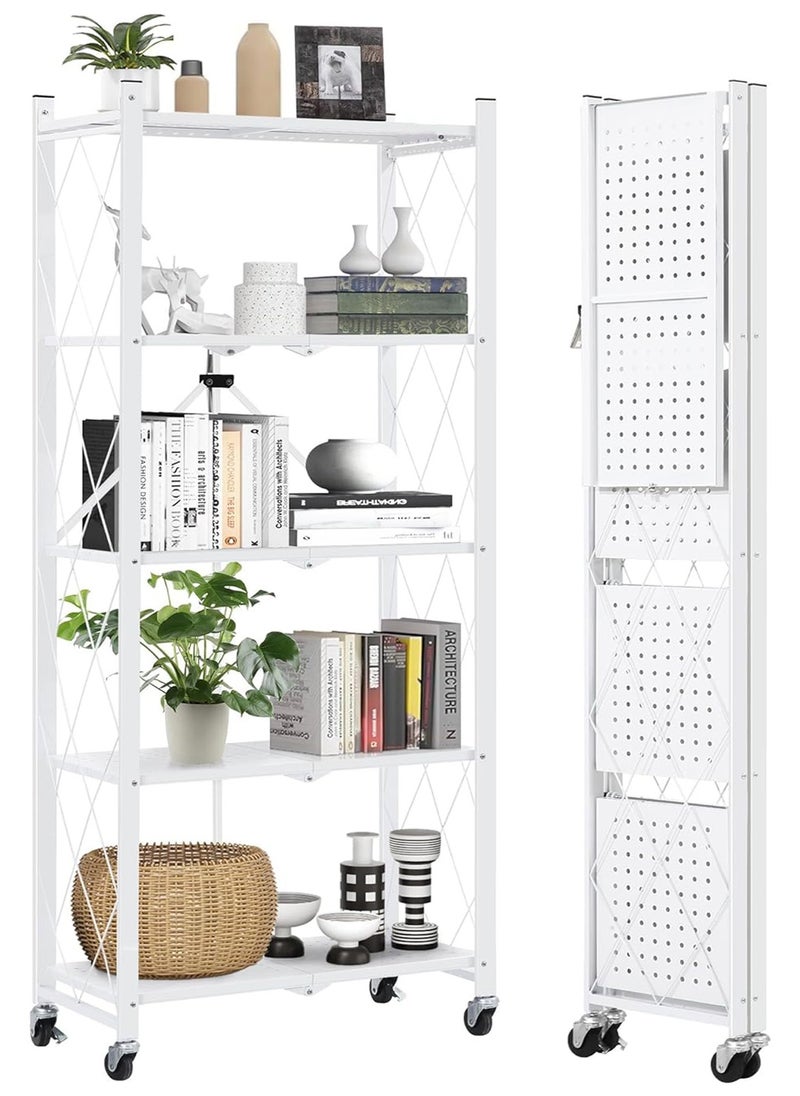 Apexll 5 Tier Thickened Foldable Storage Shelves with Wheels,No Assembly,Large Capacity,Heavy-Duty Metal Shelving Unit Rolling Cart for Garage, Kitchen, Basement, Pantry(White, 5-Tier)  - Image 1