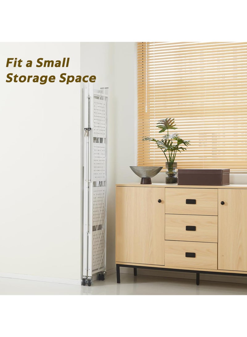 5 Tier Thickened Foldable Storage Shelves with Wheels,No Assembly,Large Capacity,Heavy-Duty Metal Shelving Unit Rolling Cart for Garage, Kitchen, Basement, Pantry(White, 5-Tier)