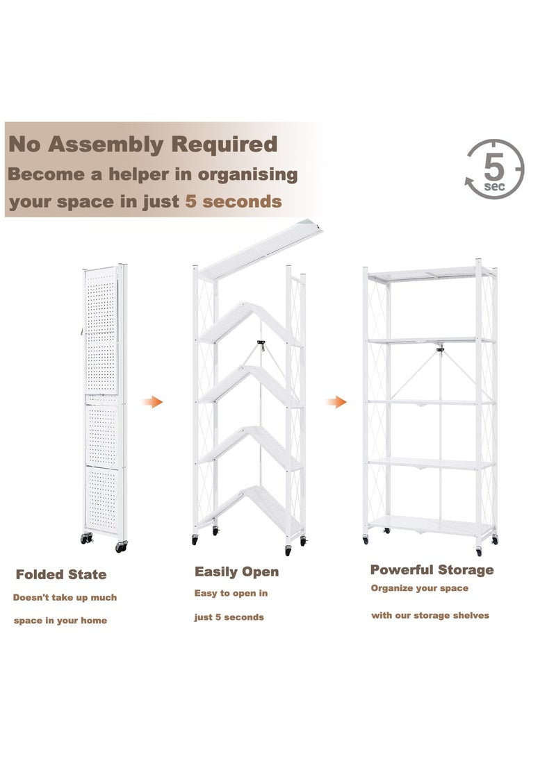 Apexll 5 Tier Thickened Foldable Storage Shelves with Wheels,No Assembly,Large Capacity,Heavy-Duty Metal Shelving Unit Rolling Cart for Garage, Kitchen, Basement, Pantry(White, 5-Tier)  - Image 4