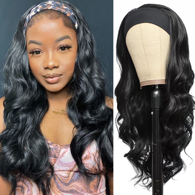 Colorful Queen Glueless Headband Wig Long Black Body Wave Headband Wigs for Black Women Synthetic Natural Looking Wavy Wig Heat Resistant 180 Density 26inch 1B