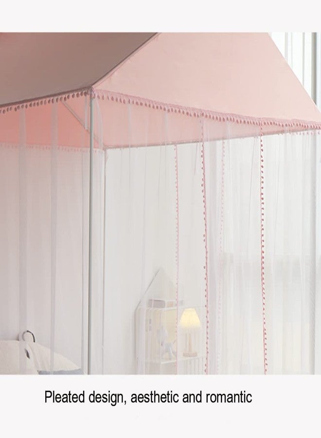 Akiky Girls Bed Canopy Large Playhouse with Pompom Princess Castle Indoor&Outdoor Play Tent for Kids-Not Include Bed Poles(Twin,Pink) - Image 3