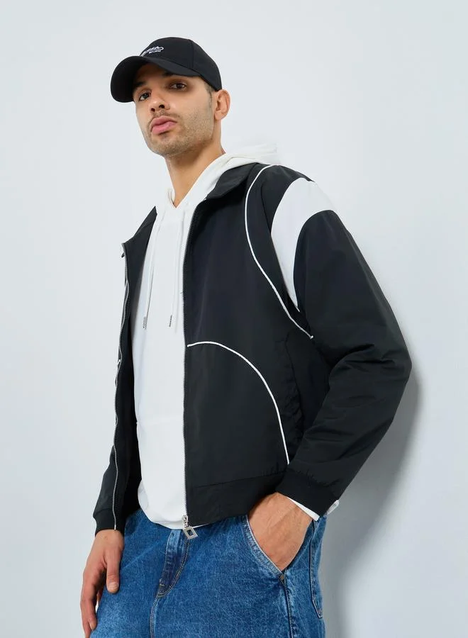 Styli Men Black Cut and Sew Panel Bomber Jacket