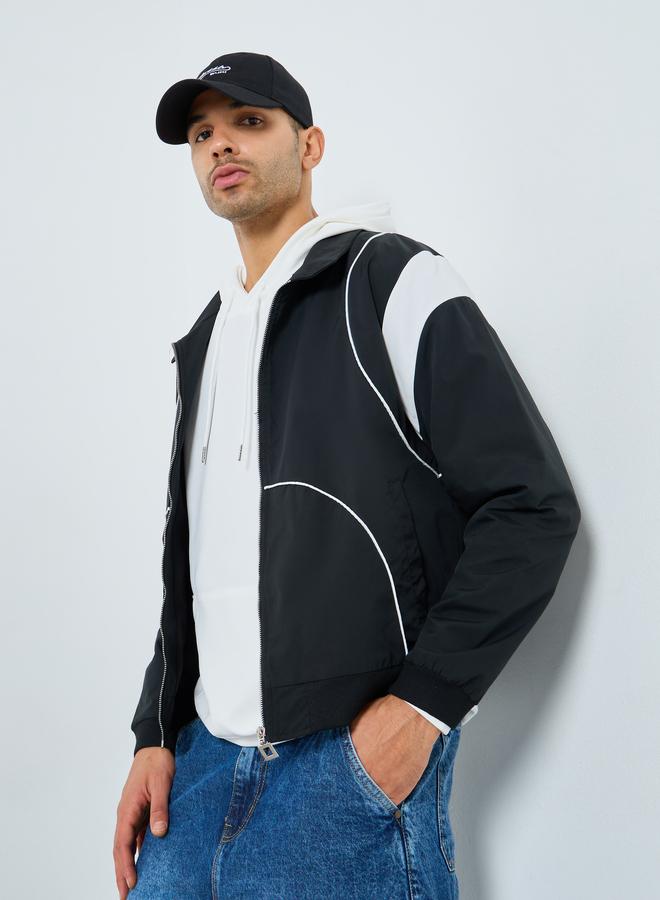Styli Men Black Cut and Sew Panel Bomber Jacket - Image 2
