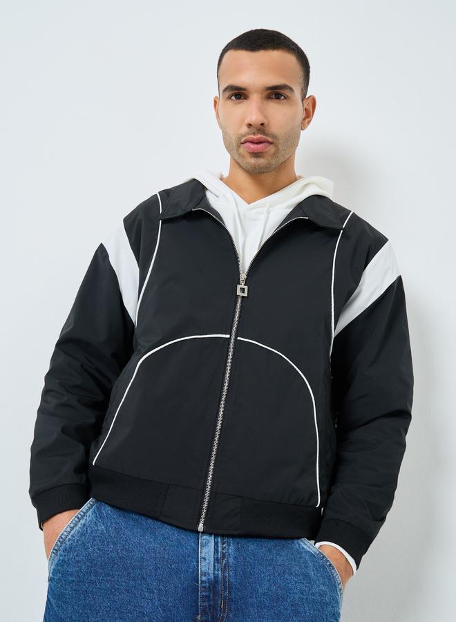 Styli Men Black Cut and Sew Panel Bomber Jacket - Image 4