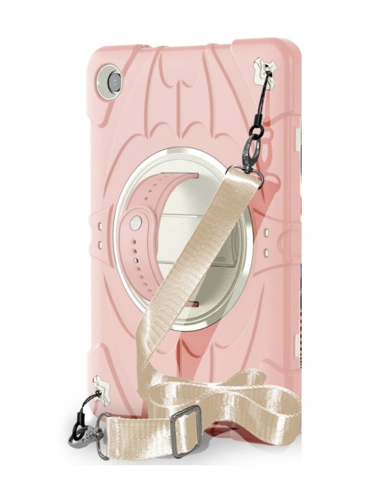 Heavy Duty Shockproof TPU Case Compatible with Samsung Galaxy Tab A9 8.7 inch 2023 Model Drop Resistant Shockproof Protective Cover with Rotating Kickstand + Handle + Shoulder Strap (Pink with White) - Image 1