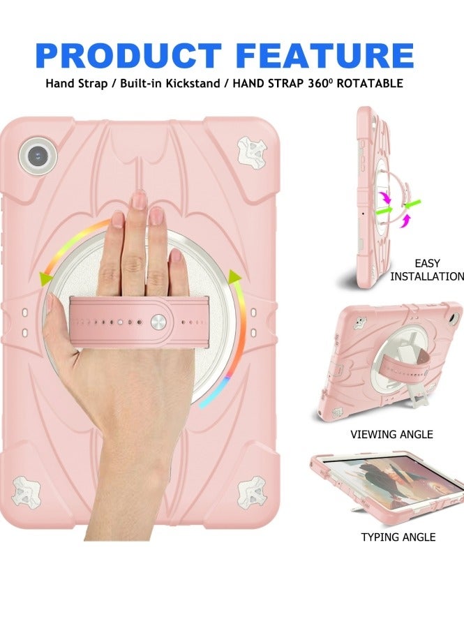 Heavy Duty Shockproof TPU Case Compatible with Samsung Galaxy Tab A9 8.7 inch 2023 Model Drop Resistant Shockproof Protective Cover with Rotating Kickstand + Handle + Shoulder Strap (Pink with White) - Image 3