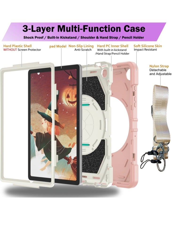 Heavy Duty Shockproof TPU Case Compatible with Samsung Galaxy Tab A9 8.7 inch 2023 Model Drop Resistant Shockproof Protective Cover with Rotating Kickstand + Handle + Shoulder Strap (Pink with White) - Image 4