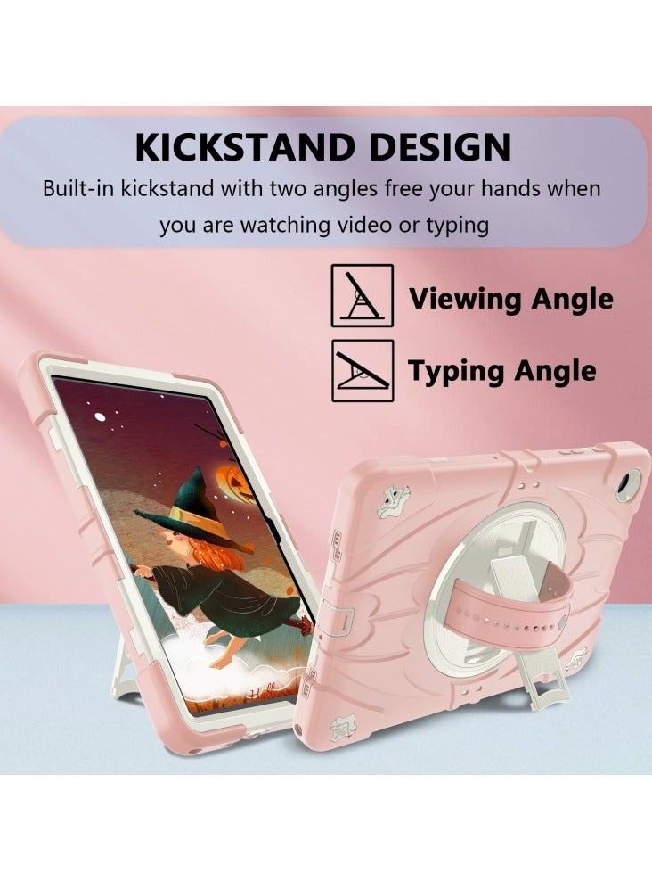 Heavy Duty Shockproof TPU Case Compatible with Samsung Galaxy Tab A9 8.7 inch 2023 Model Drop Resistant Shockproof Protective Cover with Rotating Kickstand + Handle + Shoulder Strap (Pink with White) - Image 5