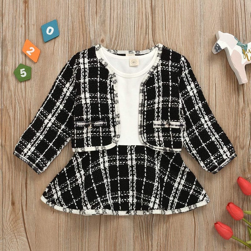 BOIZONTY Toddler Kids Baby Girls Plaid Skirt Set Cardigan Jacket Coat + Tutu Dress Set Long Sleeve Outfits Fall Outfit Set (Black,6-12 Months) - Image 2