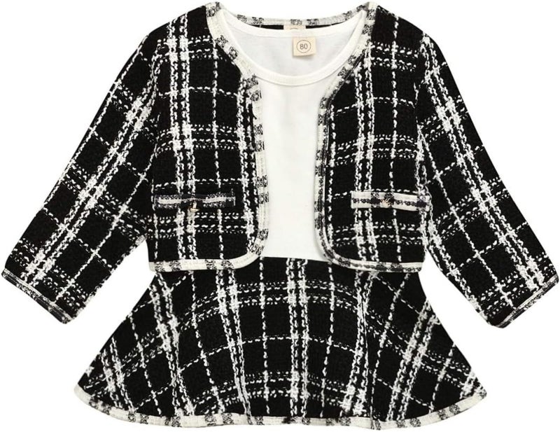 BOIZONTY Toddler Kids Baby Girls Plaid Skirt Set Cardigan Jacket Coat + Tutu Dress Set Long Sleeve Outfits Fall Outfit Set (Black,6-12 Months) - Image 1