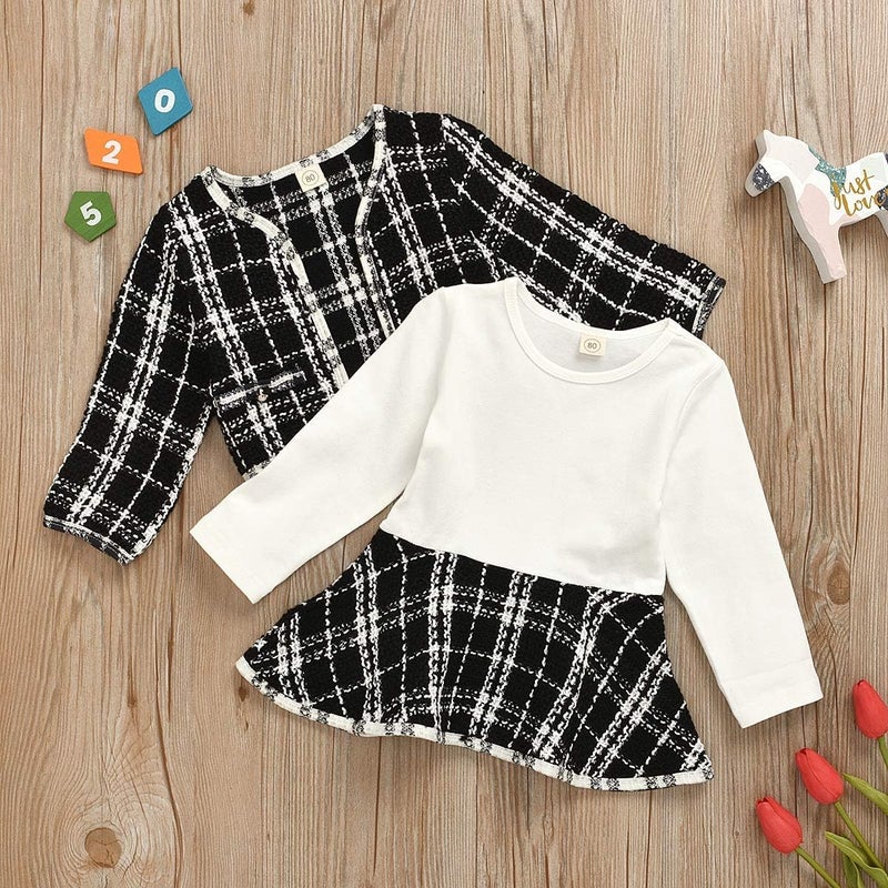 BOIZONTY Toddler Kids Baby Girls Plaid Skirt Set Cardigan Jacket Coat + Tutu Dress Set Long Sleeve Outfits Fall Outfit Set (Black,6-12 Months) - Image 4