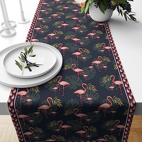 Astitva Cotton Table Runner – 13 x 45 Inches | 4-Seater Washable Dining Table, Centre Table, Wedding & Party Decor - Flamingo Print, Blue - Image 1