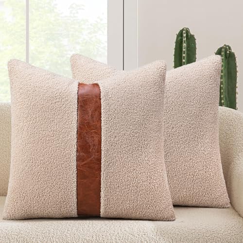 CYGNUS Teddy Boucle Decorative Throw Pillow Covers 18x18 Inch Faux Leather Striped Contrast Accent Fluffy Faux Fur Textured Sherpa Pillowcase Boho Farmhouse Decor For Couch Bed Living Room Oatmeal 2PCS - Image 1