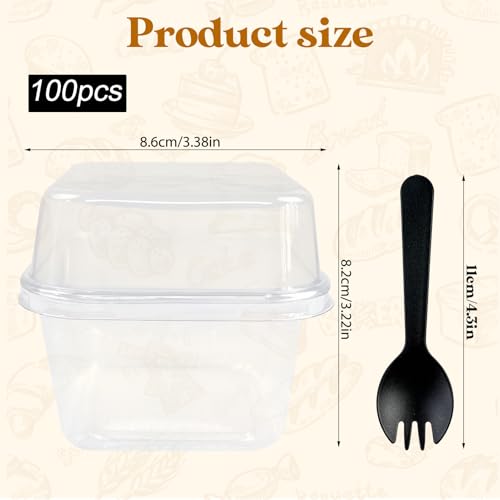 FMOACEN 100 Pack Disposable Clear Plastic Cups Icecream Cups with Lids and Sporks 8 oz Square PET Sundae Dessert Cups for Iced Coffee Cold Drinks Frozen Yogut Fruits Jello Snacks Bubble Boba Juice Milkshake - Image 5