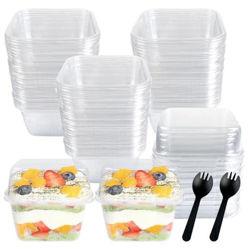 FMOACEN 100 Pack Disposable Clear Plastic Cups Icecream Cups with Lids and Sporks 8 oz Square PET Sundae Dessert Cups for Iced Coffee Cold Drinks Frozen Yogut Fruits Jello Snacks Bubble Boba Juice Milkshake - Image 2