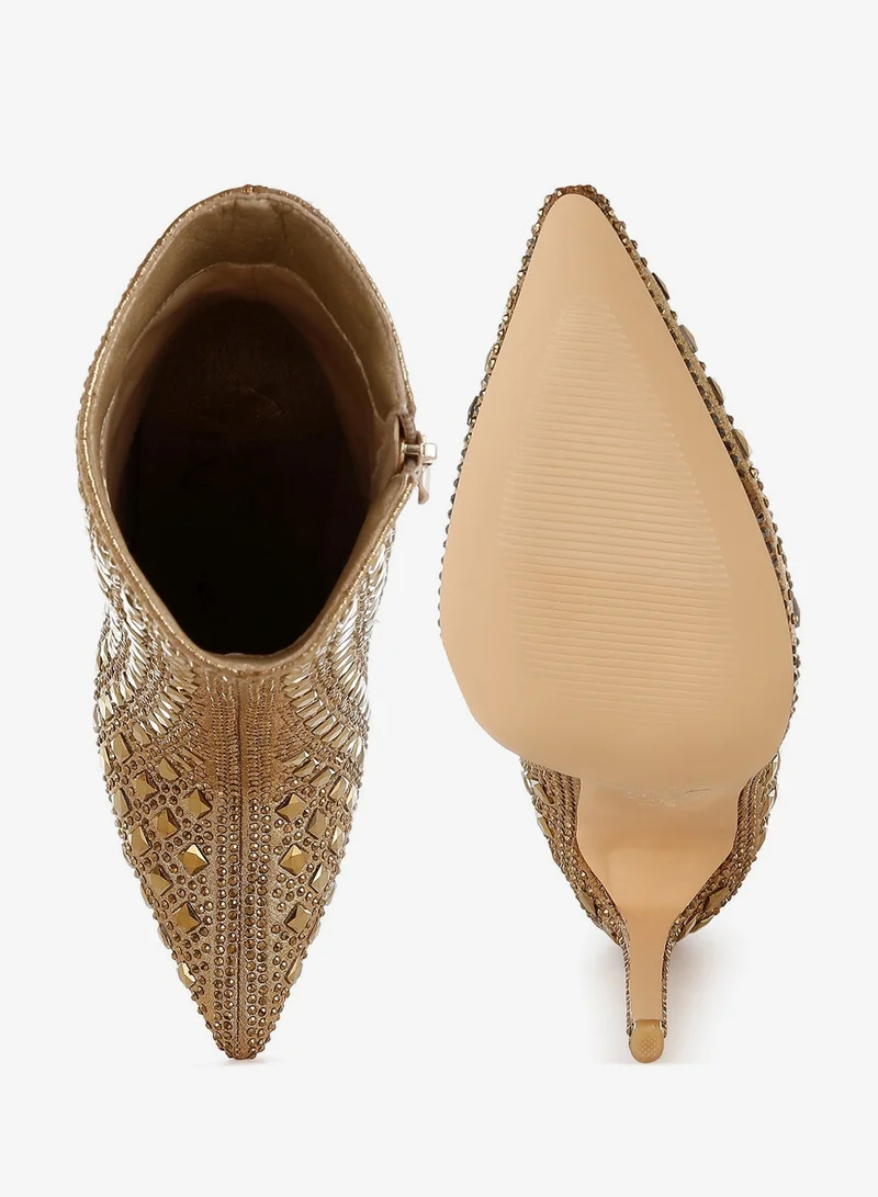 London Rag Pointed Toe Rhinestones Stiletto Boots in Gold