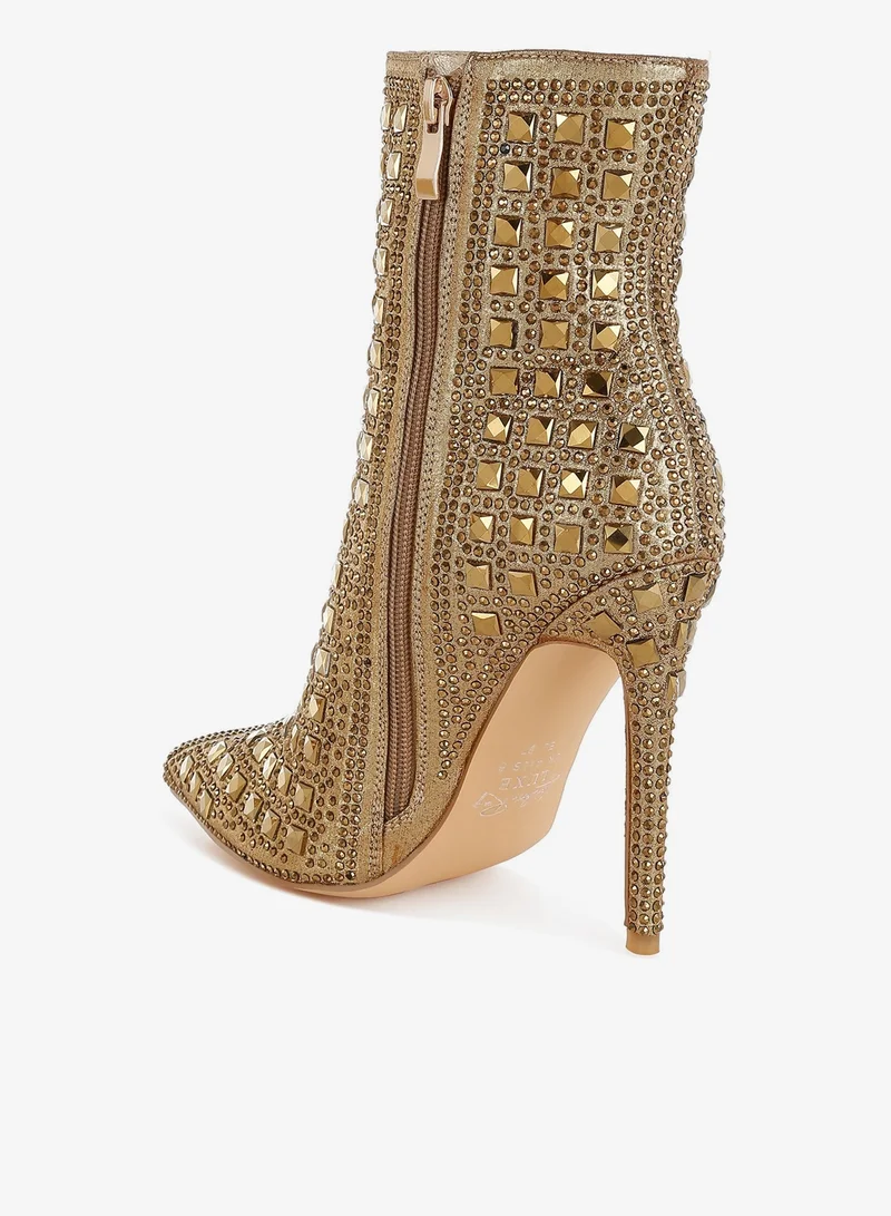 London Rag Pointed Toe Rhinestones Stiletto Boots in Gold